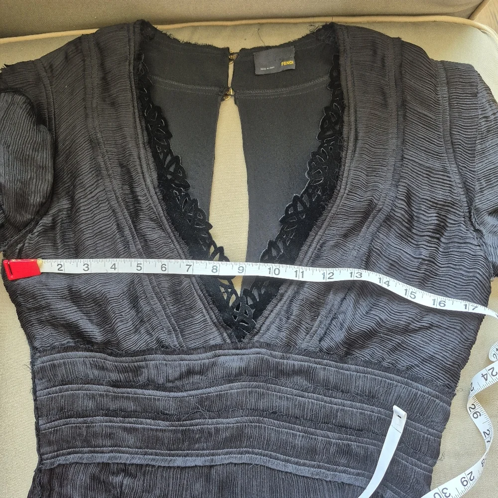 FENDI Dress Black Pleated Silk V Neck Ruffle 3/4 Sleeves RARE Italy Size 44 (8) - Picture 13 of 15